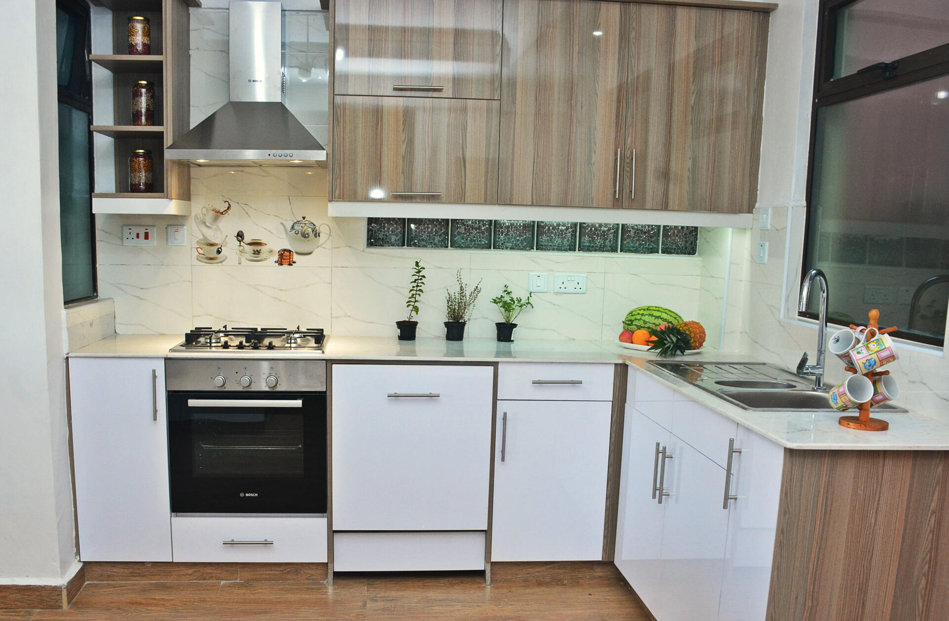 Two tone lacquer kitchen cabinets